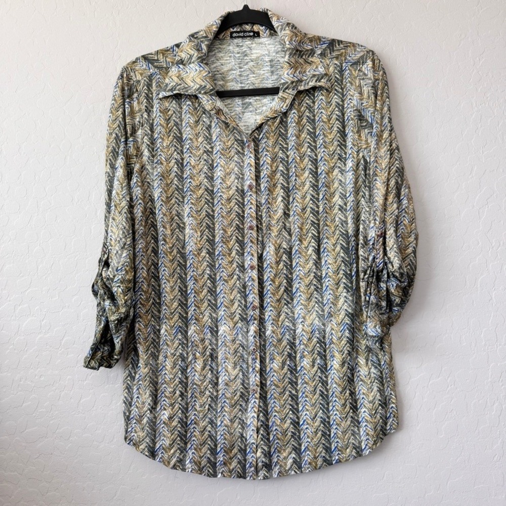 David Cline Large Button Down Top Multi 3/4 Sleeve Chevron Crushed Micro-Poly